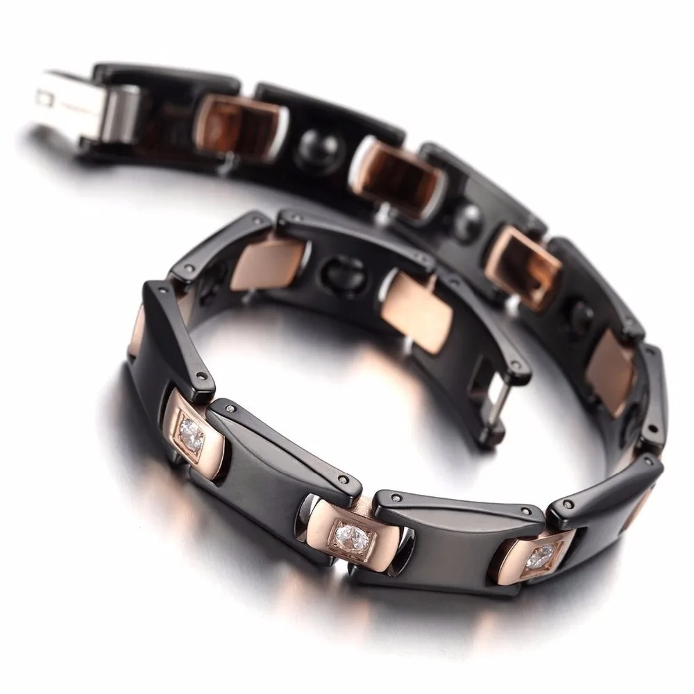 Hottime Black Negative Ion Ceramic Rose Golden Healthy Magnetic Bracelet Bangle Bio Elements Germanium Bracelets Couple Jewelry|germanium