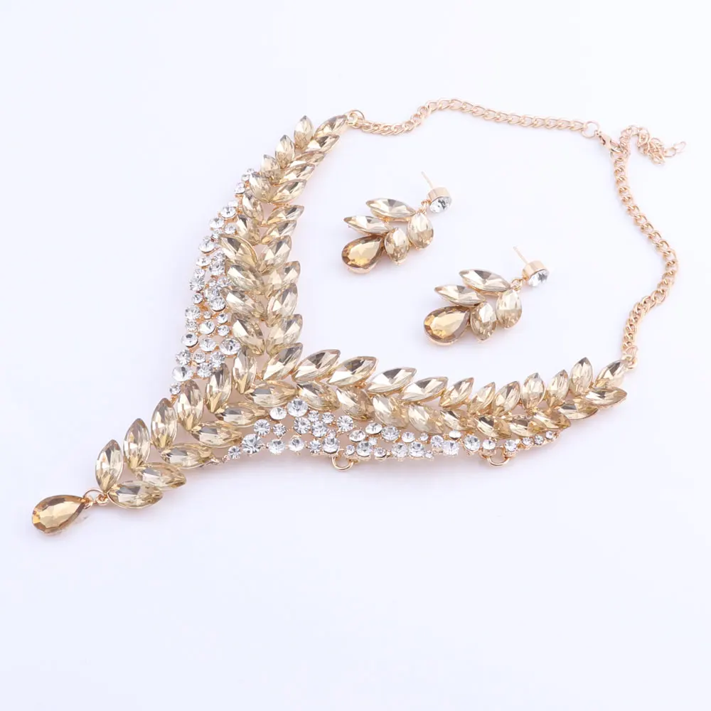 Women Champagne Crystal Wedding Bride Party Costume Accessories Bridal Necklace Earring Jewelry Sets | Украшения и аксессуары