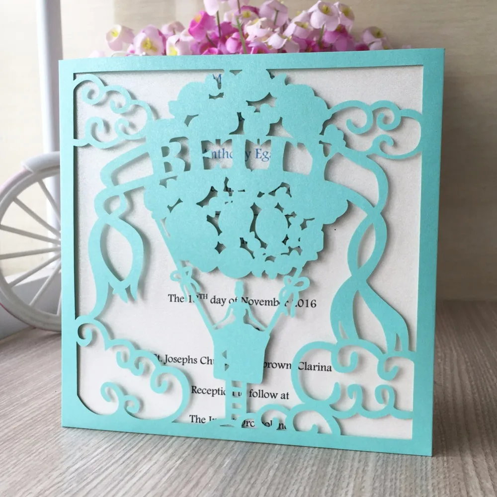 

50pcs Square Tiffany blue Laser Cut Lace Sweets Invitations Cards for Engagement Wedding Birthday Graduation Anniversary invites