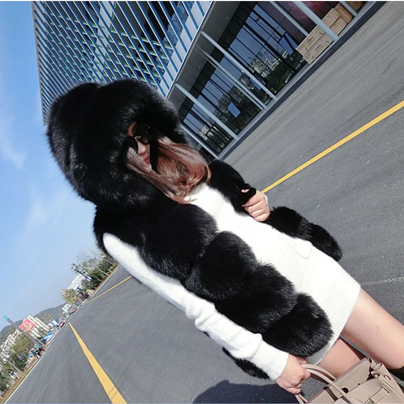 Зимнее пальто 2016 Женское из искусственного Меха чернобурки жилет с капюшоном