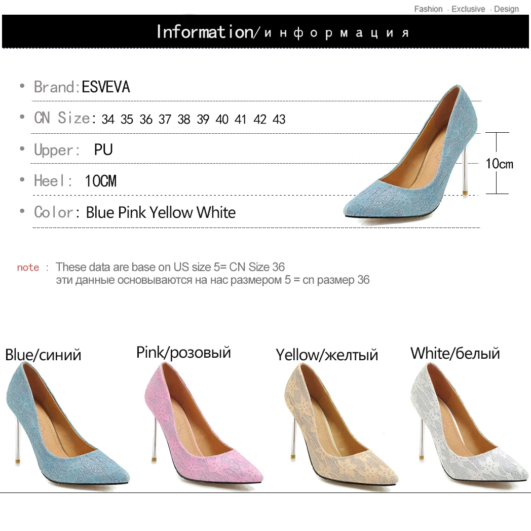 

ESVEVA 2019 Women Pumps Slip on Pointed Toe PU Leather+Lace Thin Super High Heel Fashion Shallow Shoes Spring/Autumn Size34-43