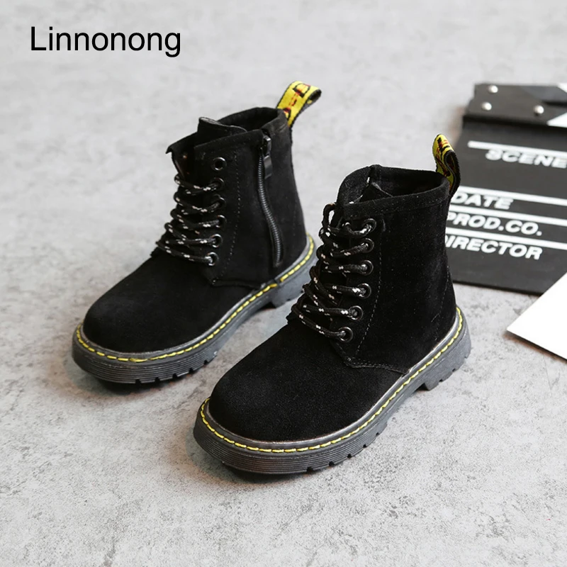 Linnonong Autumn Winter Children Boots Fashion Lace up Leather Kids Antislip Martin for Boys Girls Size 27-36 | Детская одежда и