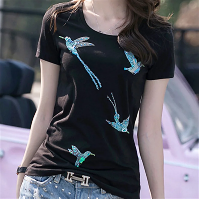Camisetas Mujer вручную бисером алмаз футболка 2018 летние женские Ультрамодный