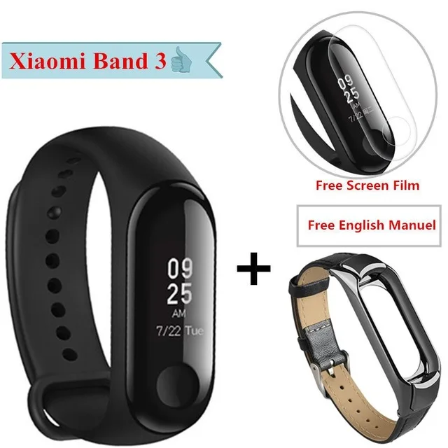 Add leather black Xiaomi mi Band 3 умный Браслет Водонепроницаемый отчет о погоде mi Band 3 водонепроницаемый АОН OLED экран умный Браслет mi band 3 - Цвет: Add leather black