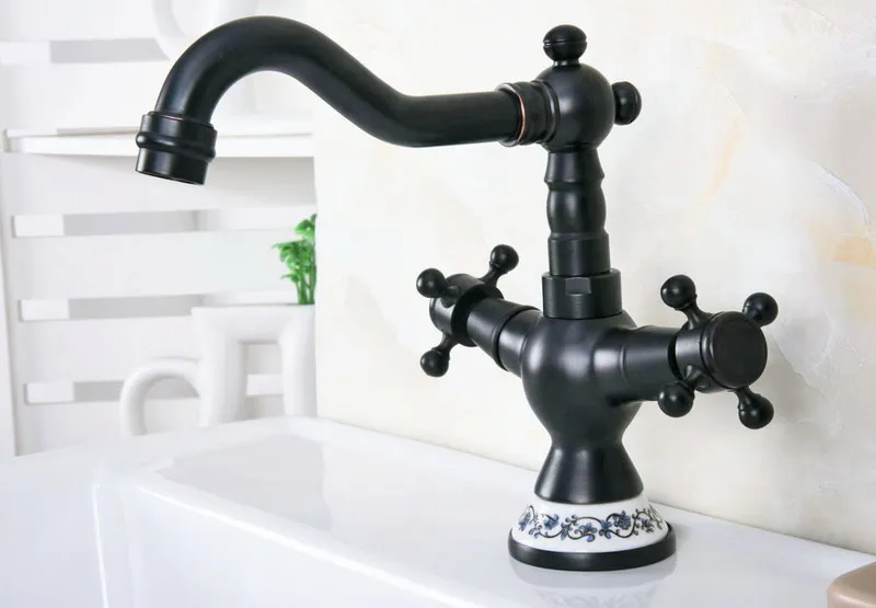 Oil Rubbed Bronze Dual Cross Handles Ceramic Base Bathroom Kitchen Basin Sink Faucet Mixer Tap Swivel Spout Deck Mounted mnf645 |
