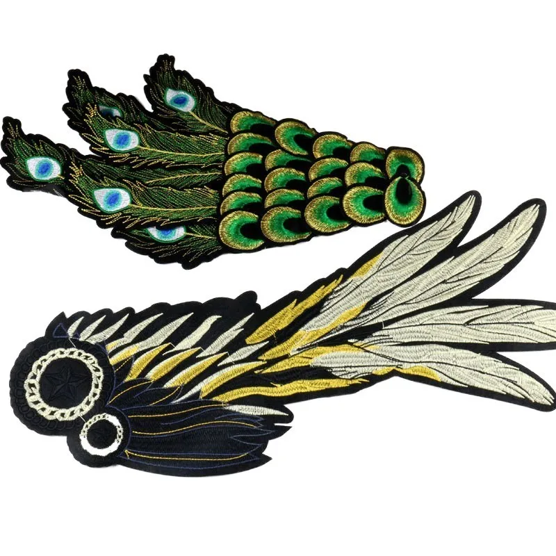 Diy Green Peacock Wings Applique Big Patches Feathers Embroidery Fabric Sew on Brordados Pararopa Decoration Accessories | Дом и сад