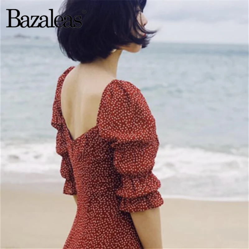 Платье пачка Bazaleas красное винтажное платье с рукавом фонариком и цветочным