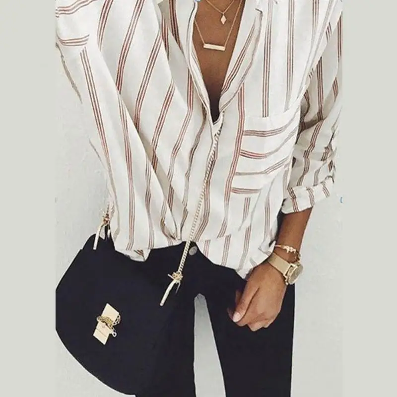 Новая полосатая блузка Топы Для женщин Blusas Свободные Большой Размеры с длинным