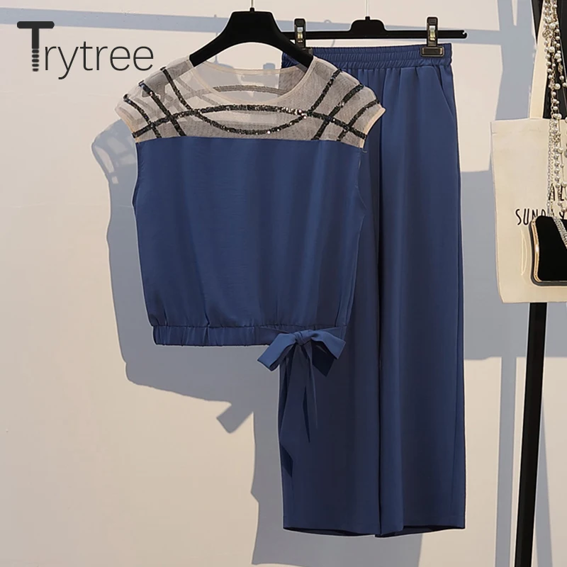 Trytree/летний женский костюм из двух предметов повседневный топ с круглым вырезом и