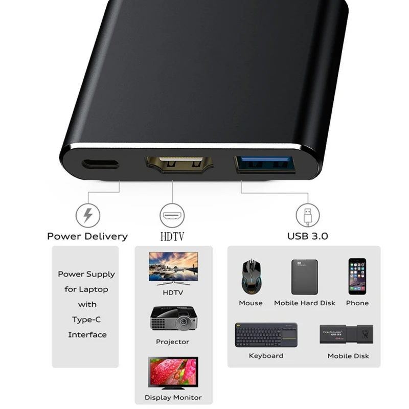 Type-C-HDMI адаптер usb-хаб позолоченный 4K конвертер для HDMI кабеля для монитора проектора с функцией USB PD