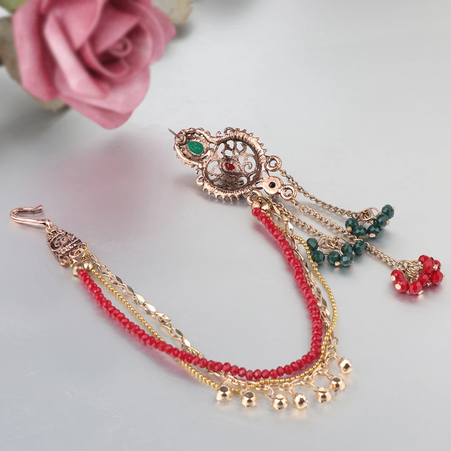 

Kinel luxury India Ethnic 1Pcs Earring link Headdress Antique Gold Long Tassel Earrings For Women Crystal Flower Retro Jewelry