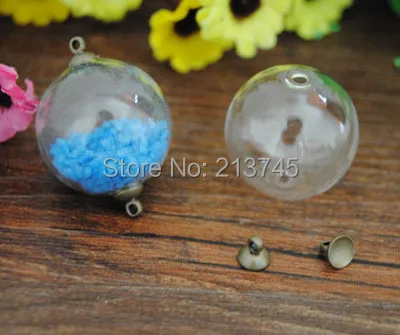 

Free ship! 20sets/lot 25mm (double hole) round glass globe & cap set (no filler)DIY glass cover vial pendant ,glass bottle ball