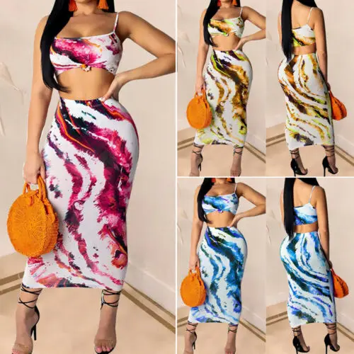 Tie Dye Annodato укороченный Топ Макси длинное платье Вечеринка Sllinky Set Gonna|Спортивные