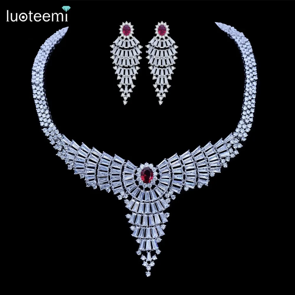 

LUOTEEMI New Luxurious Staterment Choke for Women Shining Zircon Big Pendant White Gold-Color Bridal Wedding Jewelry Party Gift