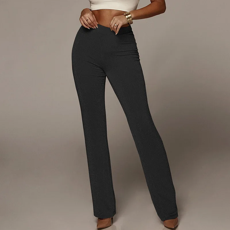 

NORMOV Casual Women Pants Shining High Elastic Waist Full Length Polyester Trousers Loose Black Straight Pants