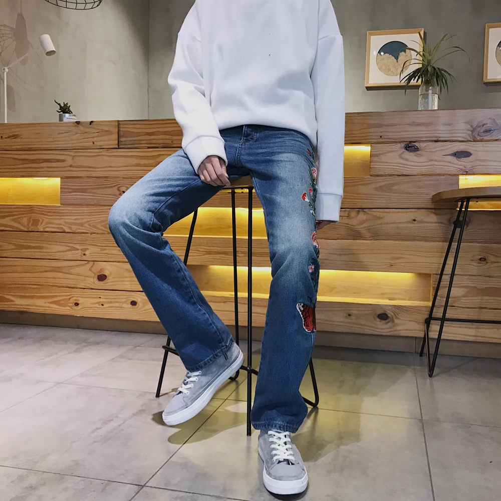 

M-XXL!! Spring and autumn new side seam embroidered craft literary retro jeans tide brand men's loose la la wash trousers.