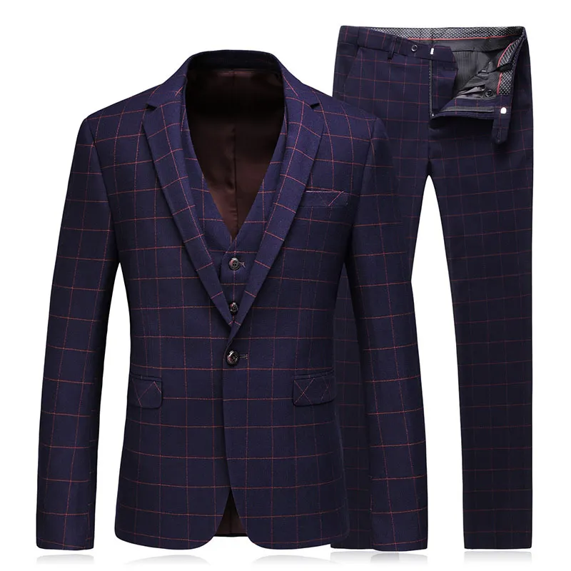 

2020 Men's Clothing Gentleman Wedding Men Plaid Suit Tailor Asian size Suit Blazer 3 pieces Suits For Men (Jacket+Pants+Vest)