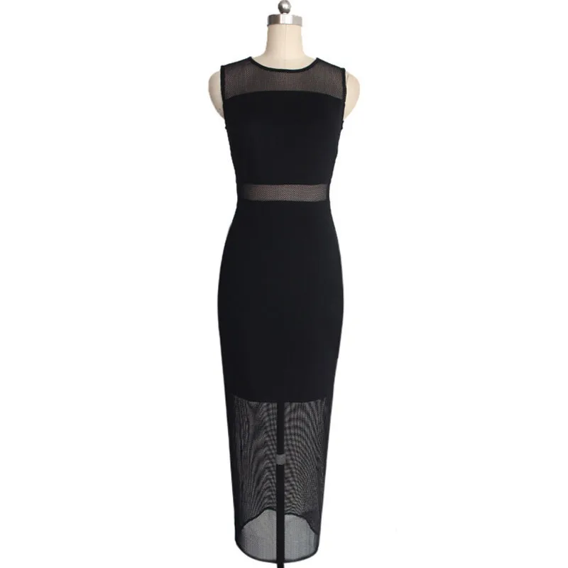 VfEmage Womens Summer Style See Through Mesh Patchwork Sleeveless Party Evening Clubwear Bodycon Fitted Stretch Long Dress 727 | Женская