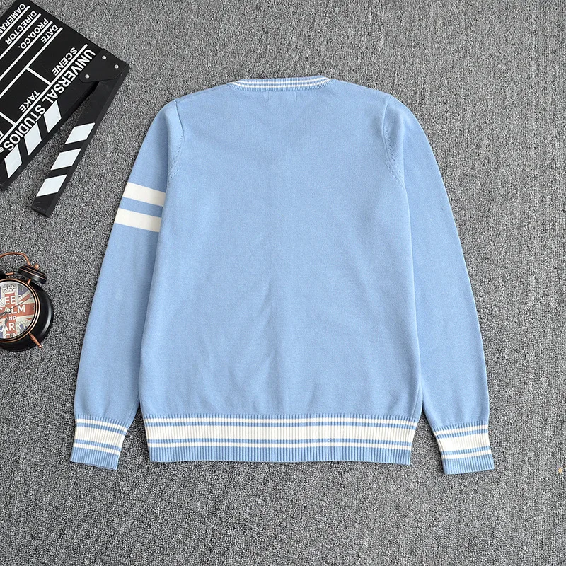 Japanese JK pullovers sweater water blue white bar V neck long sleeve uniforms Center twist decoration | Женская одежда