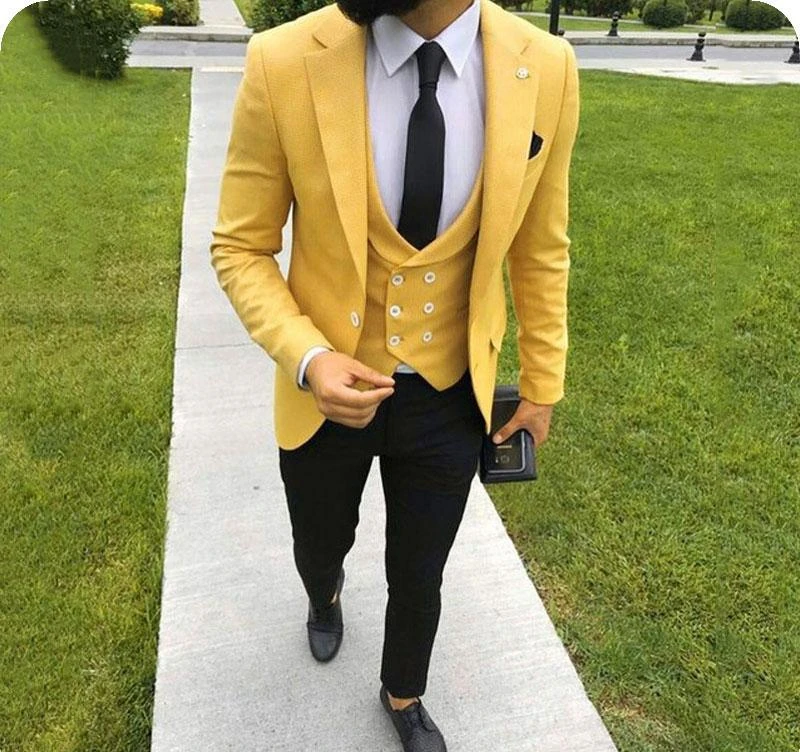 

Custom Made Yellow Men Suits for Wedding Notched Lapel Slim Fit Groom Tuxedo Groomsmen Suit Bridegroom Blazer Costume Homme