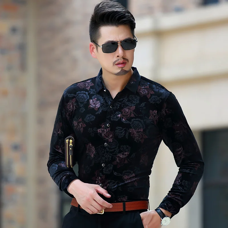 Фото Высококачественная Мужская рубашка с цветочным принтом на осень и зиму Золотое