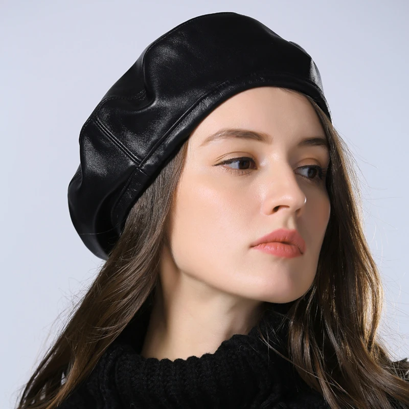 Exclusive 2022 Winter Women Simple Eengland Style Genuine Leather Black Beanies Hat Female Beret Jazz Painter Caps 55-58 cm | Аксессуары