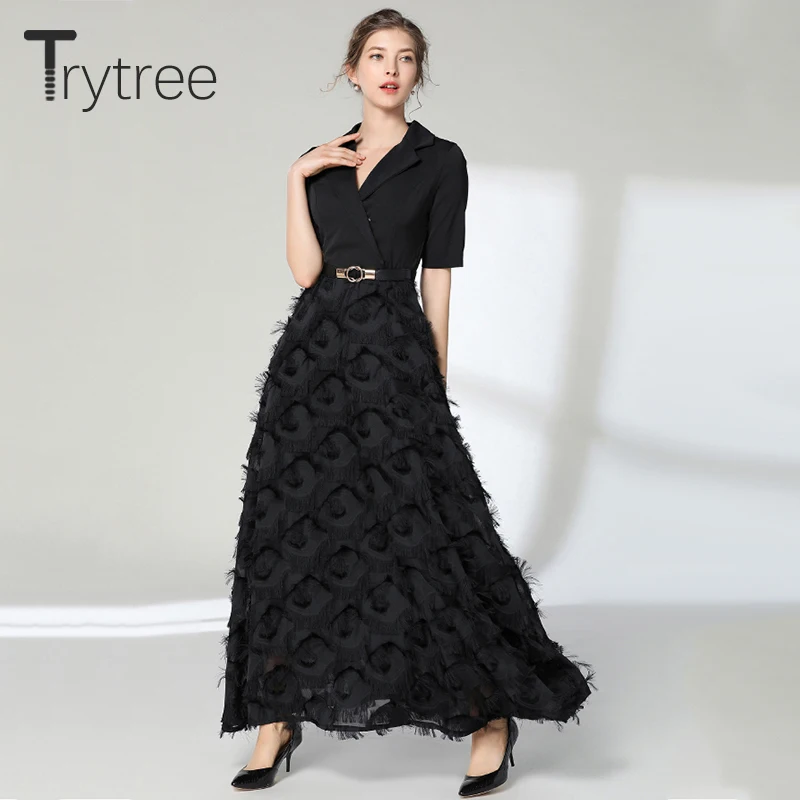 Trytree летнее платье элегантное с перьями черное белое однотонное женское поясом