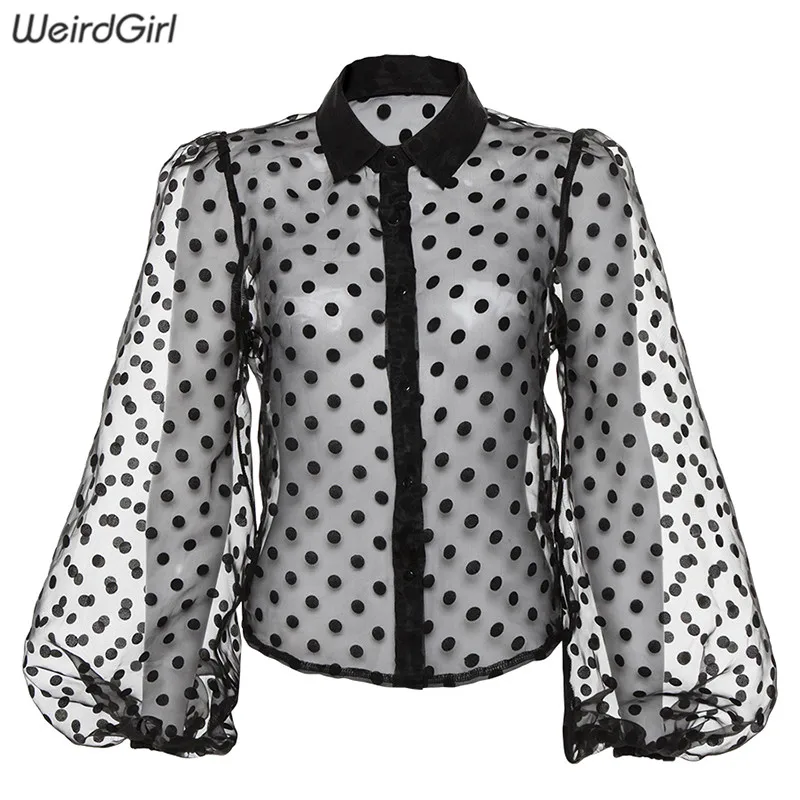 Черный Weirdgirl, женская сексуальная прозрачная футболка, сетчатая, в черный горошек, с принтом, вечерние, для клуба, с отложным воротником, с длинным рукавом, однотонная, летняя, крутая, Новинка - Цвет: Черный