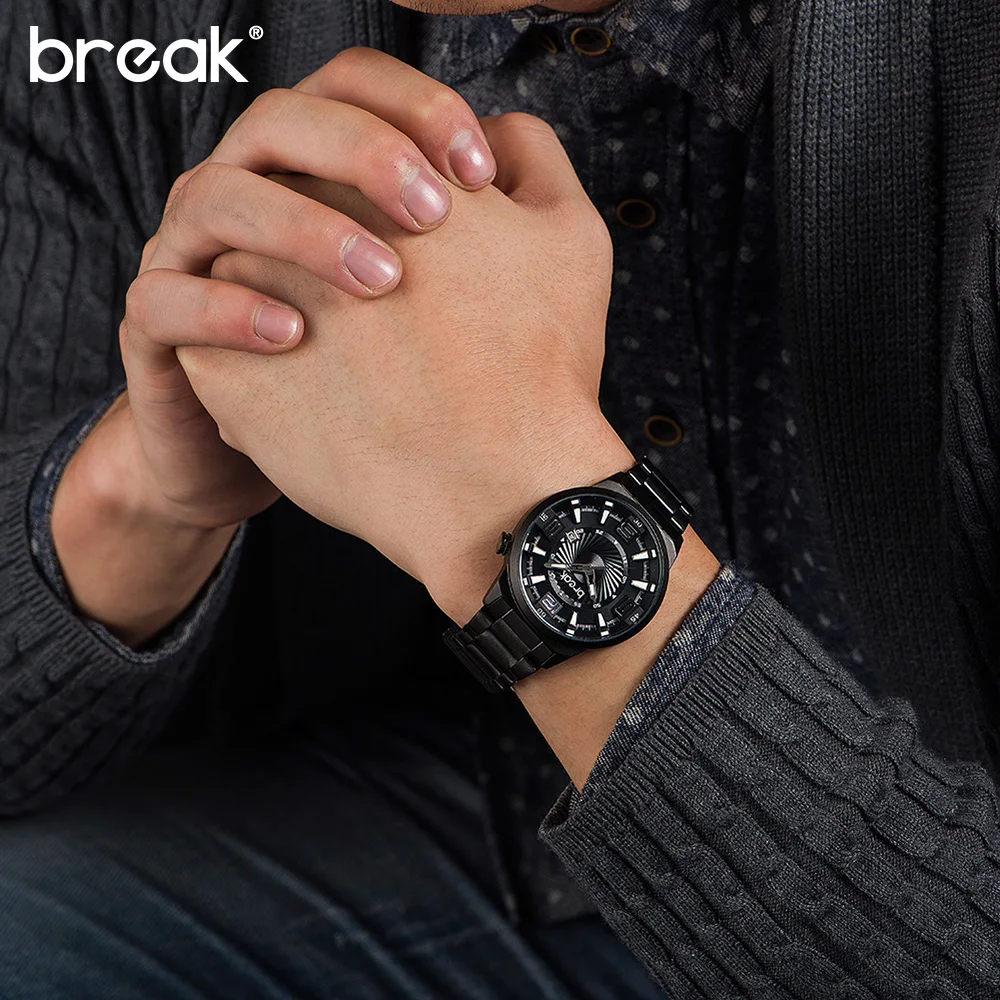 Перерыв подарок часы модные мужские черные Нержавеющая сталь кожа кварцевые