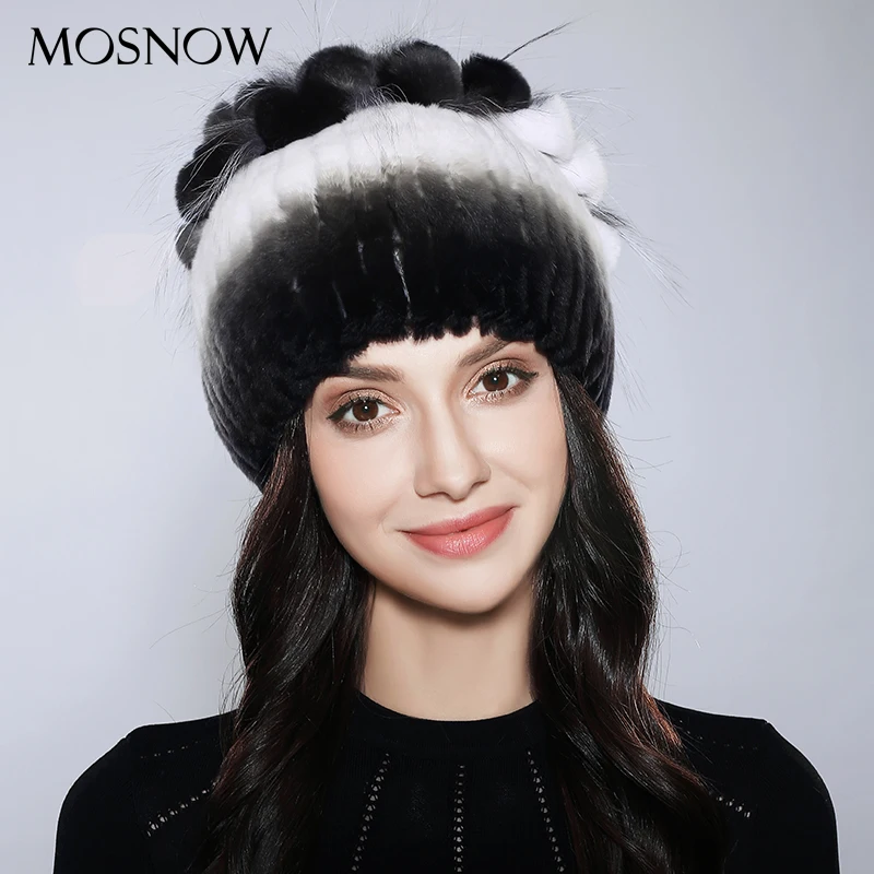 MOSNOW Для женщин зимние Шапки шапочки элегантный цветок Топ природных Рекс Кролик