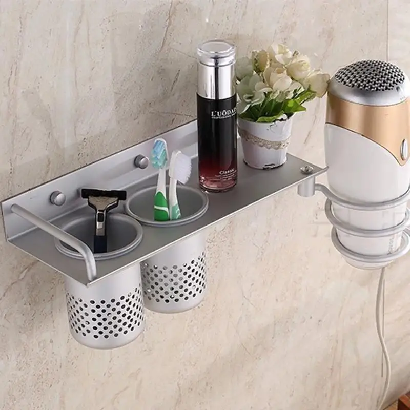 

Полка для ванной комнаты, стойка для фена с 2 чашками, бытовой держатель для фена, настенный аксессуар