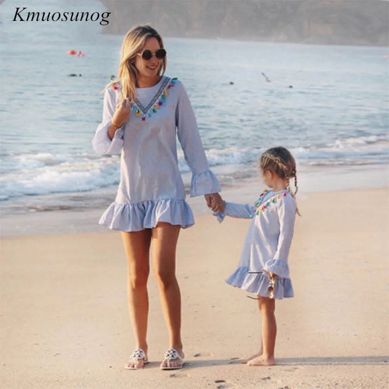 Mother and daughter dress 2019 Long Sleeve Stripe Tassel Mini Dress Mom Family matching outfits clothes C0335 | Мать и ребенок