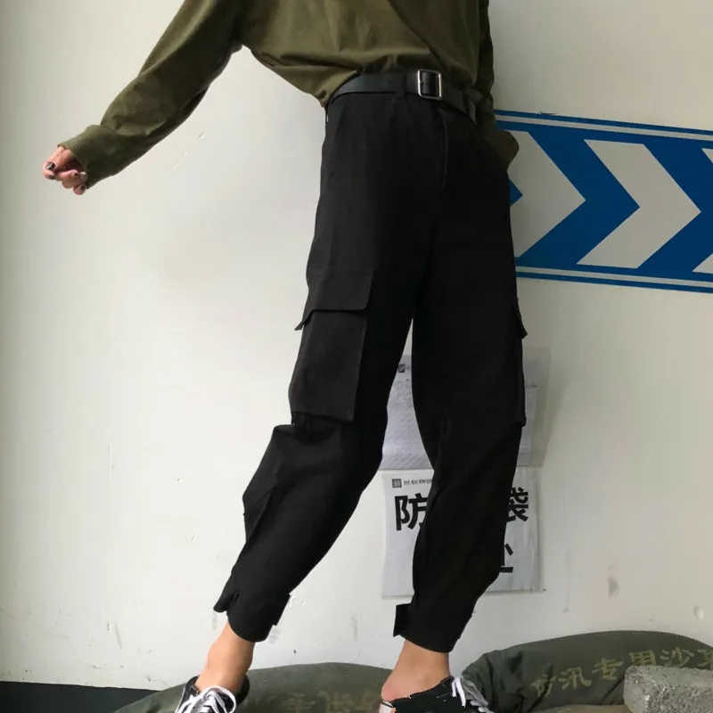 Twojstyle Women High Waist Black Cargo Pants Elastic Harem Loose Pockets Hip Hop Trousers Cotton Sweatpants Bottom | Женская одежда