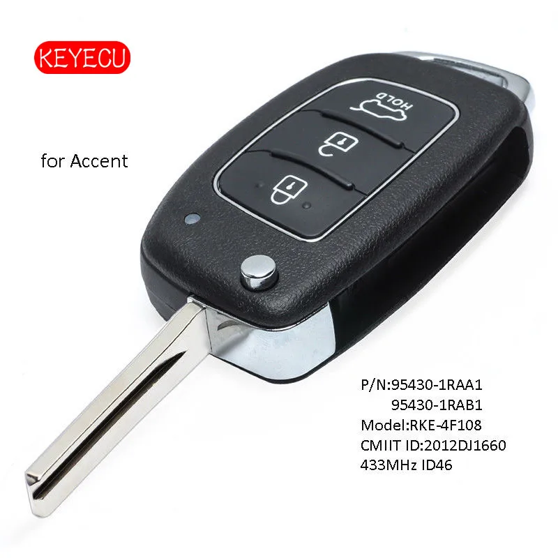 Keyecu Флип дистанционный брелок 3 кнопки 433 МГц ID46 чип для Hyundai Accent 2013 2015 P/N: 95430