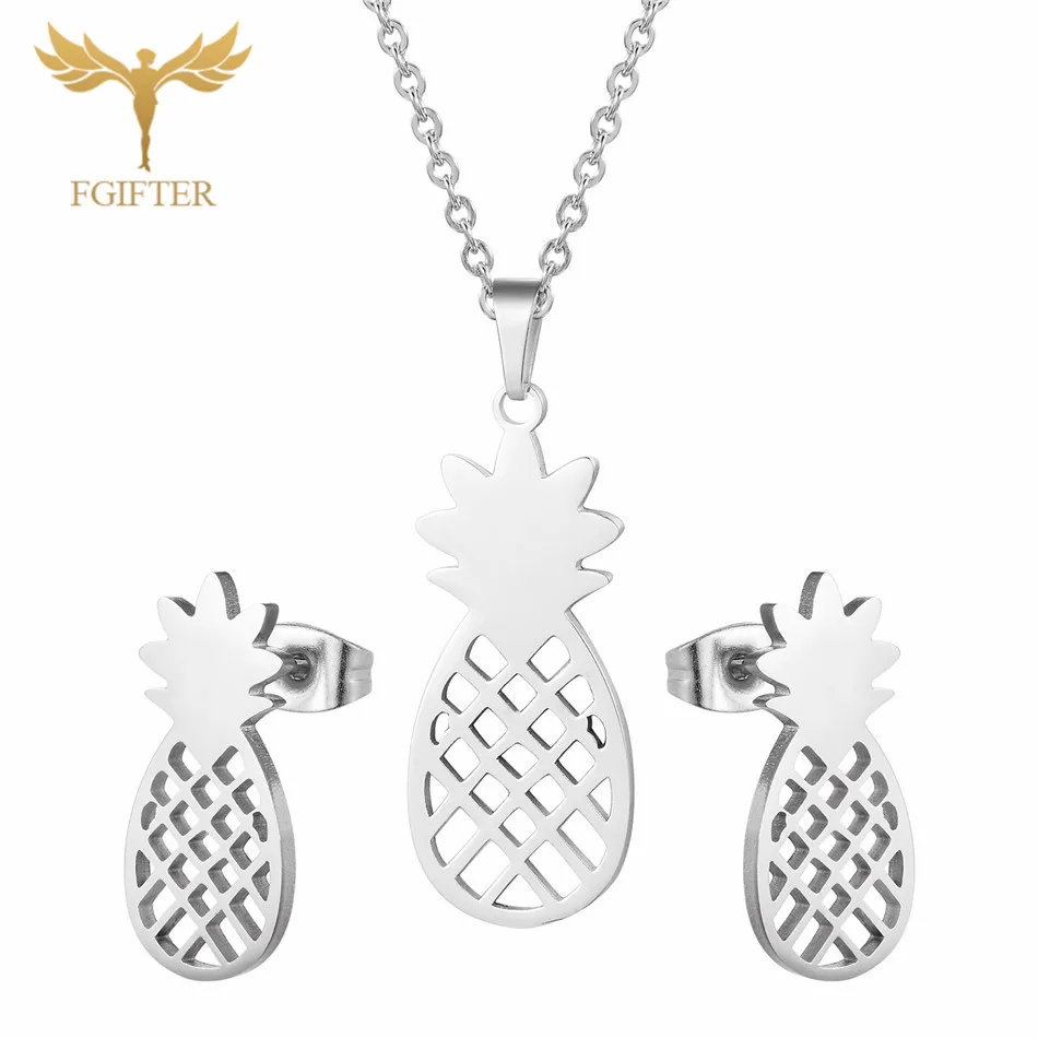 

FGifter Hollow Pineapple Necklace Pineapple Earrings Jewelry Sets for Girls Women Silver Color Stainless Steel Set Accessories