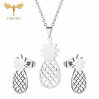 fgifter hollow pineapple necklace pineapple earrings jewelry sets for girls women silver color stainless steel set accessories