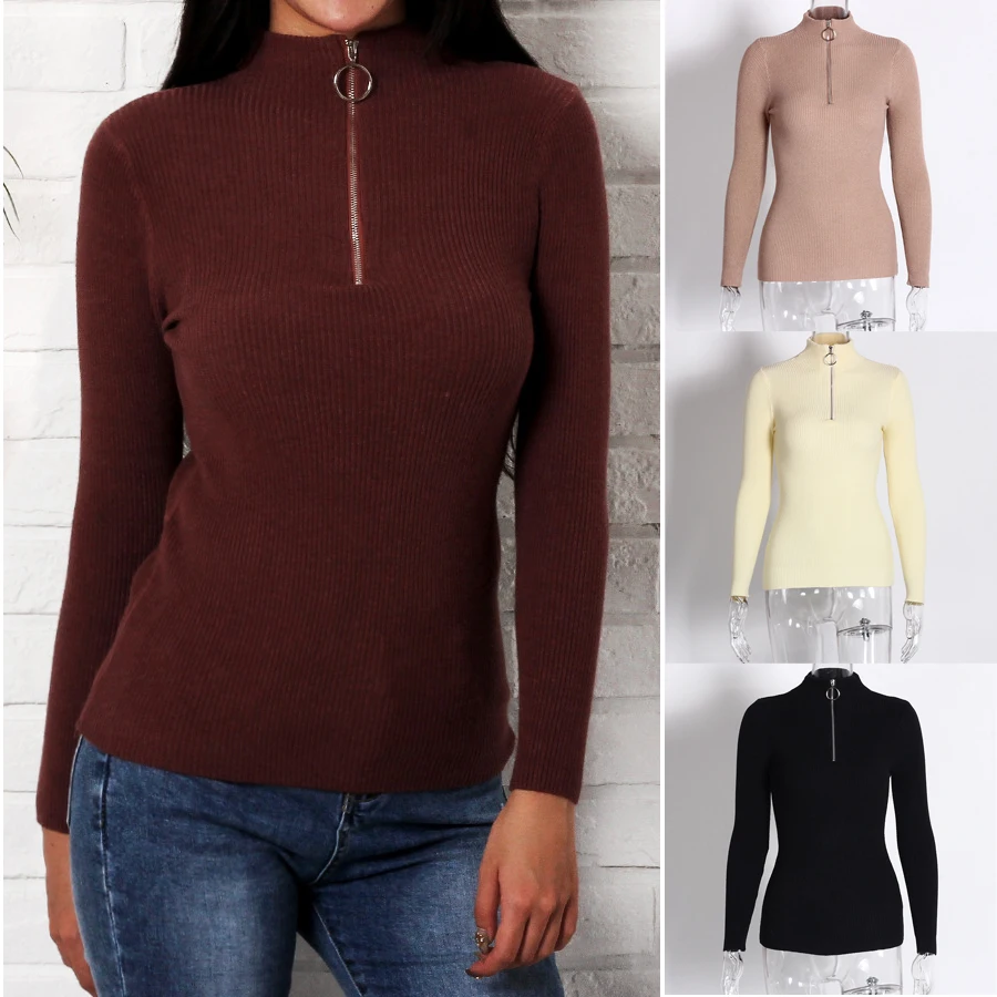 Casual Autumn Winter Sweaters Fashion 2018 Women V Neck Slim Jumpers Knitted Sweater Ladies Pullover Zipper Sueter Mujer | Женская