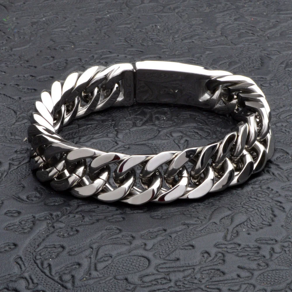 

14mm High Polished Stainless Steel Silver Color Polished Cuban Curb Chain Mens Bracelet Bangle Christmas Gift 8.66inch Wholesale