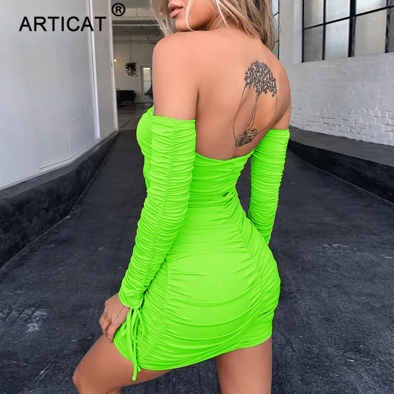 

Articat Off Shoulder Hollow Out Sexy Women Dress 2020 Long Sleeve Bodycon Bandage Summer Autumn Dress Pleated Short Party Dress