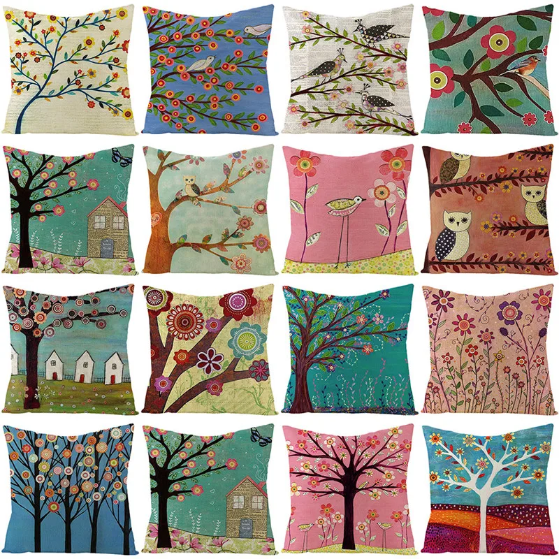 Fuwatacchi Linen Floral Plant Cushion Cover Colorful Flowers and Tall Trees Throw Pillow Square 45X45 Pillowcase | Дом и сад
