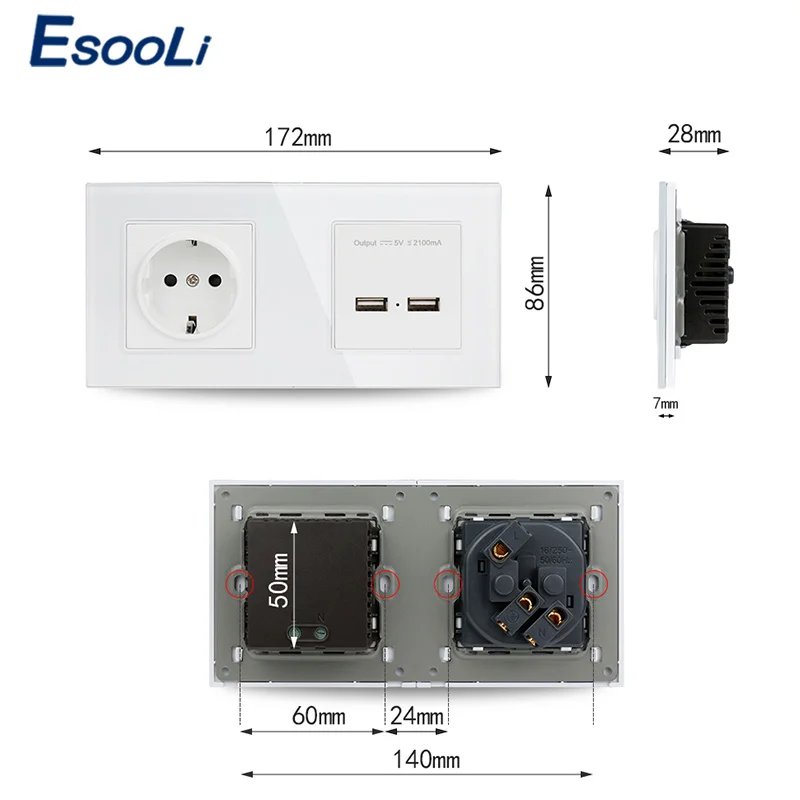 Розетка электрическая Esooli заземленная с 2 USB-портами 16 А 5 В | Обустройство дома