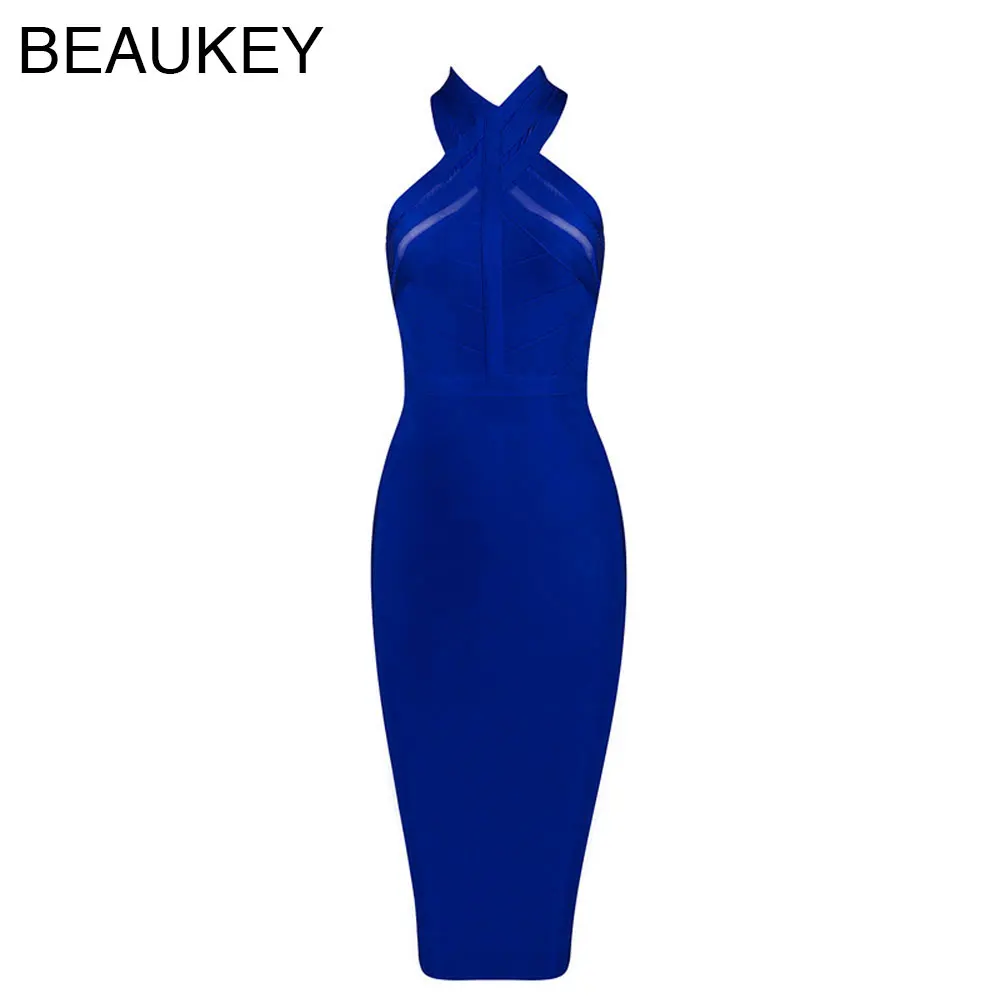 Женское облегающее платье BEAUKEY синее из вискозы с лямкой на шее открытой спиной
