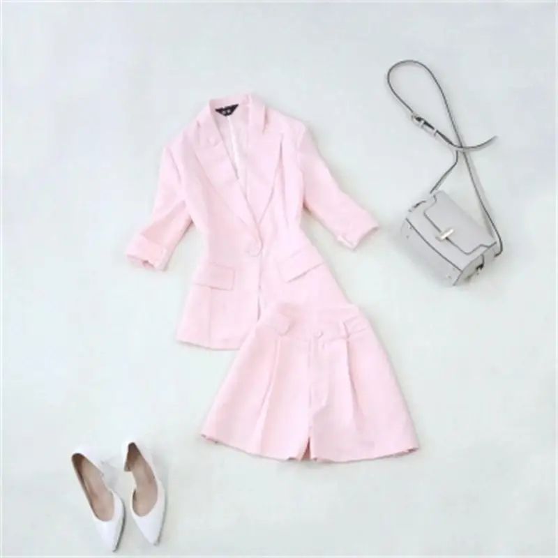 

Pink Fashion suits Women's Summer New Pink 7-point sleeve suit + wide leg high waist shorts thin suit women