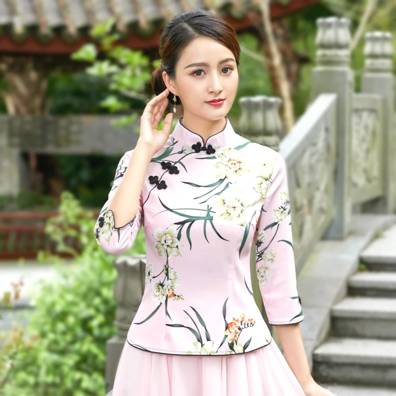 Sheng Coco элегантный Qipao Топ традиционное китайское Ципао Блузка 4XL Королевский синий китайским принтом женская одежда с длинным рукавом