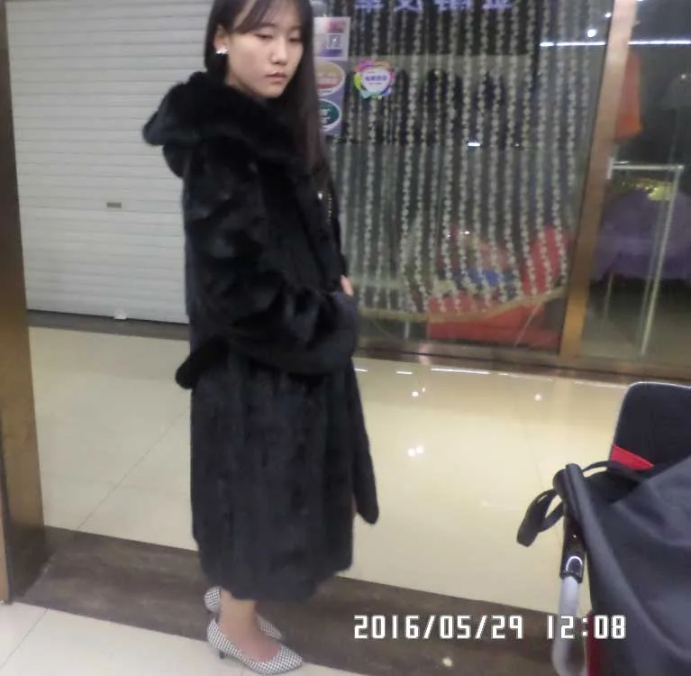 Linhaoshengyue 100CM Long Mink Fur Coat  with  Hood