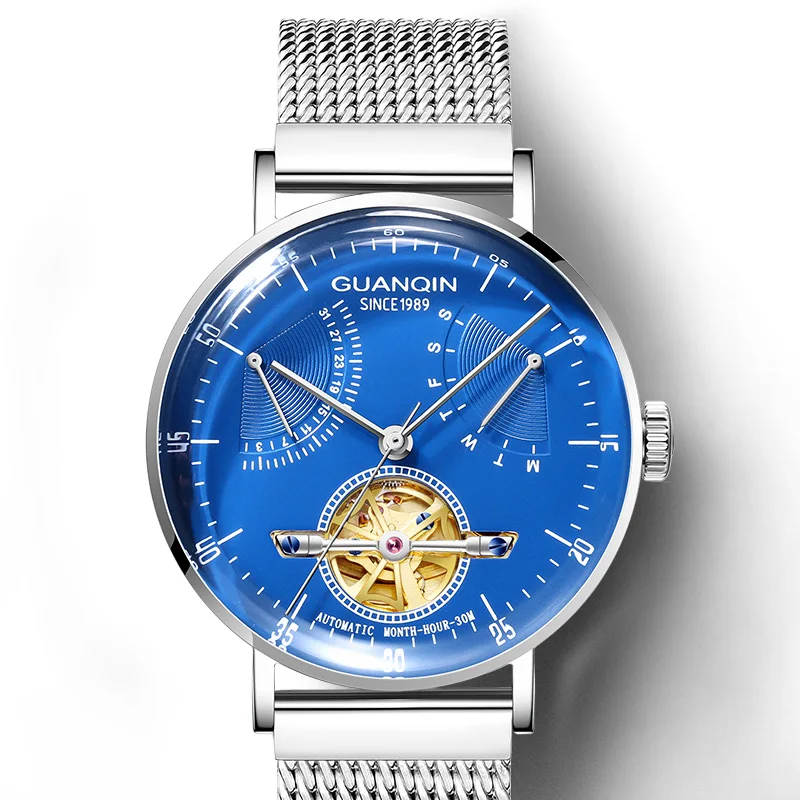 Reloj Hombre GUANQIN автоматические механические часы для мужчин Роскошные маховик нержавеющая сталь водостойкие Mekanik коль Saati - Цвет: silver blue