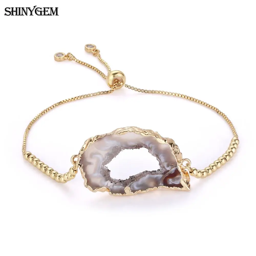 ShinyGem неровные Агаты браслет золото/серебро обернутый Агаты ломтик браслет ручной работы Регулируемый камень браслеты для женщин