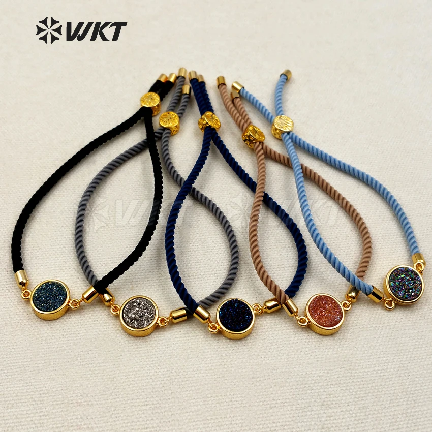 

WT-B389 WKT Fashion Cotton Chain Adjustale Girls Bracelet With Pure Gold Color Round Shape Druzy Stone Fashion Jewelry Bracelet