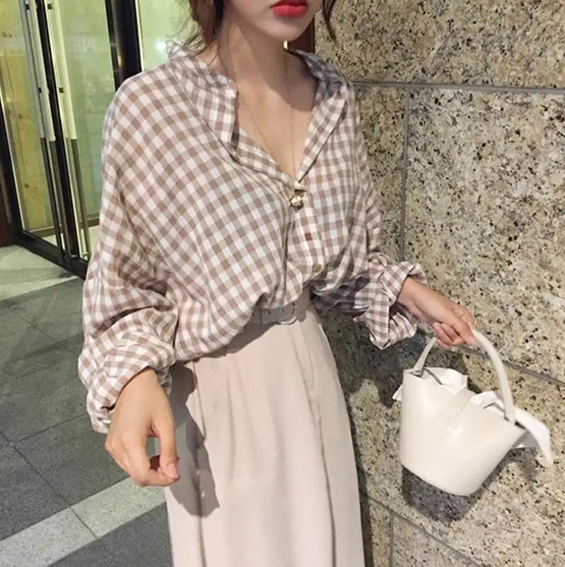 

Women Summer Autumn Plaid Cotton Sexy Casual Shirt Haut Femme Kimono Roupas V Neck Long Sleeve Tops Blouse Female Plus Size