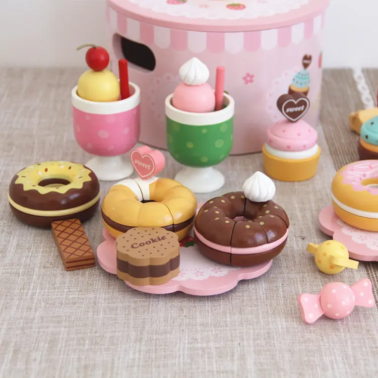 Baby Toys Strawberry Simulation Doughnut Set Wooden Toys For Kids Afternoon Tea Cake Child Educational Birthday Gift